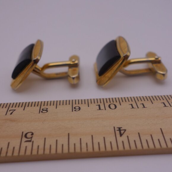 Gold Color Rectangle Cuff Links with Black Stone - Picture 5 of 12